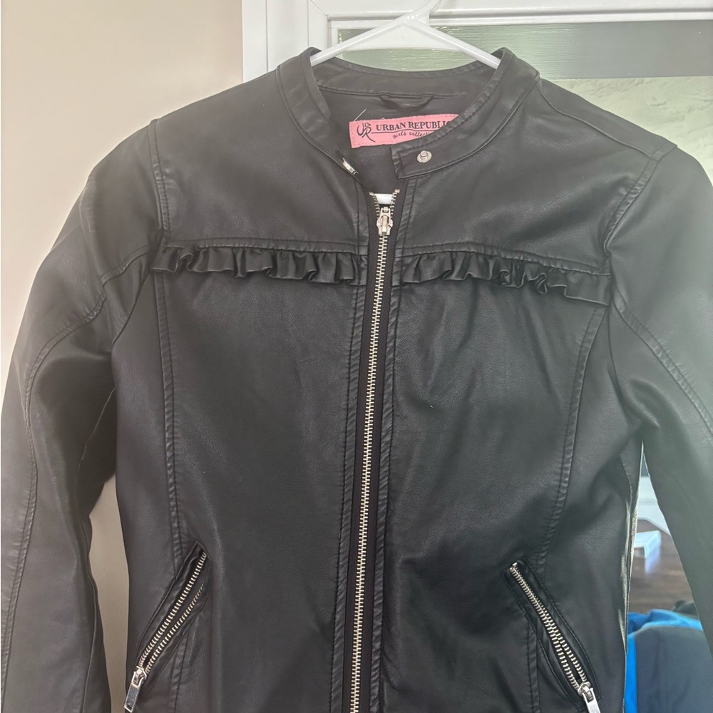 Urban Republic Kids Black Leather Jacket with Ruffle